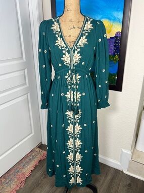 Teal Maxi Dress with Cream Floral Embroidery